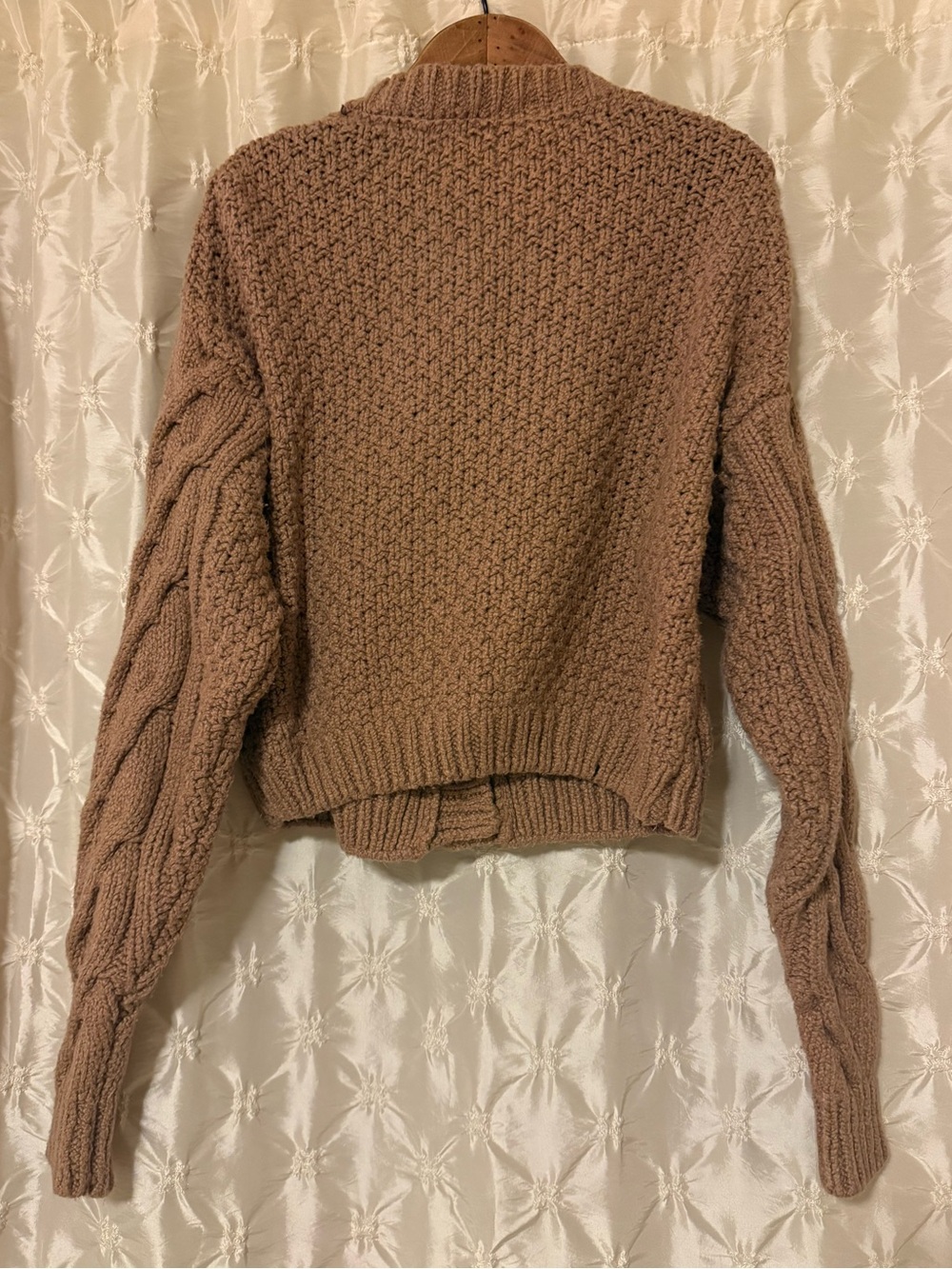 Free People Bonfire Cable Knit Cardigan Beaver Fur Brown Tan Chunky Sweater S - Picture 5 of 11
